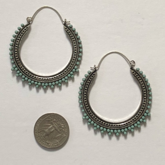 Large Silver Beaded Turquoise Hoops - Picture 2 of 5